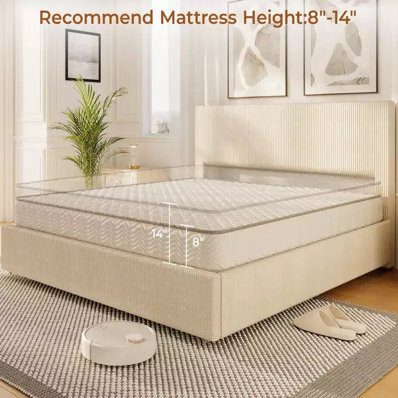 CuisinSmart Cadre de lit en velours côtelé avec tête de lit, cadre de lit rembourré avec plateforme, 4 tiroirs de rangement et support à lattes en bois