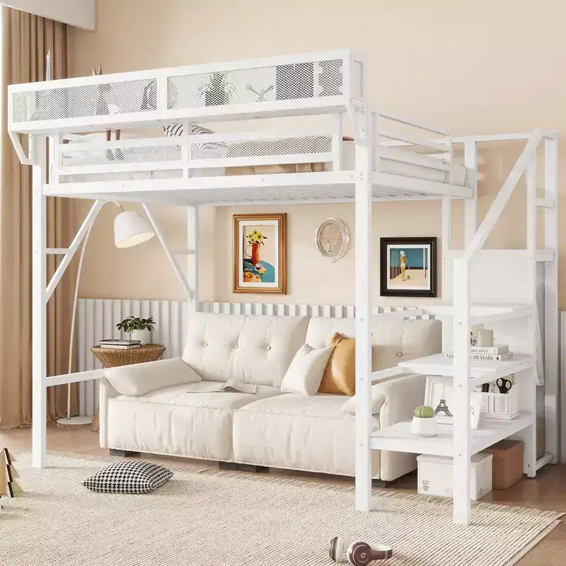 Lit mezzanine jumeau Okak 94IN avec armoire, lit jumeau avec étagères de rangement et panier, cadres de lit pour chambre à coucher, dortoir