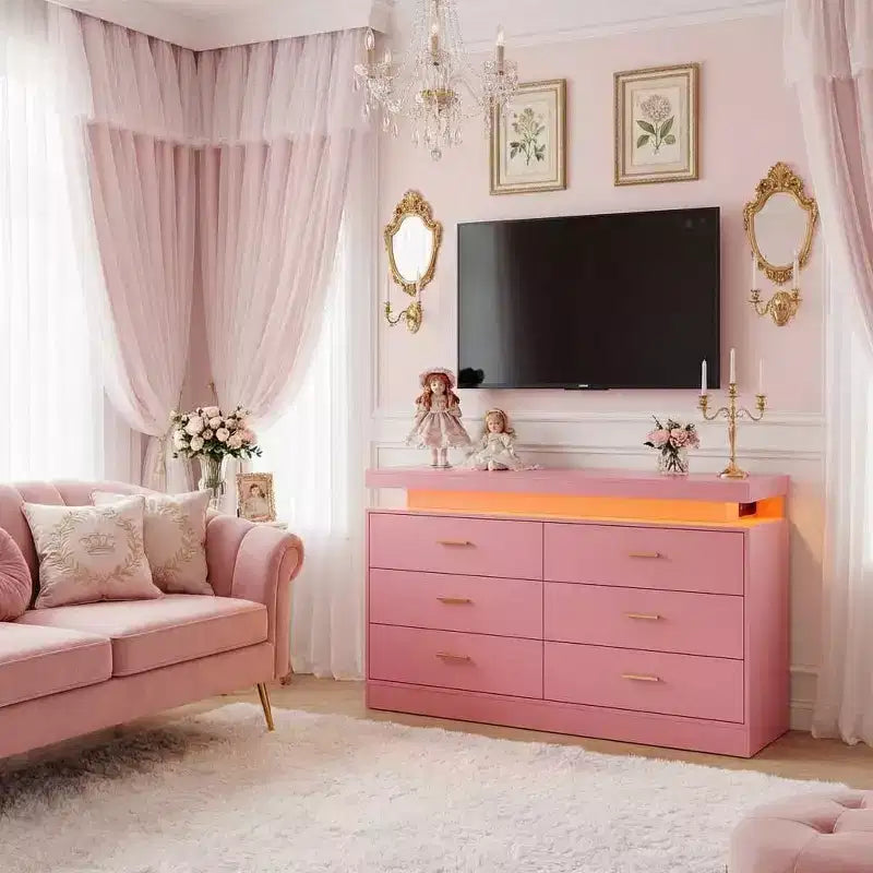 Meuble TV moderne avec 6 tiroirs et lumières LED, bar à café flottant pour centre de divertissement de salon