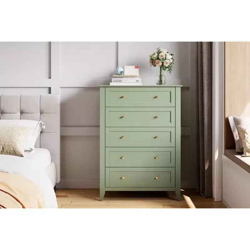 Commode à 5 tiroirs de 108 cm de haut pour chambre à coucher, armoire de rangement en bois avec tiroirs de 30 cm de profondeur et poignées en métal doré, idéale pour l'entrée ou le couloir