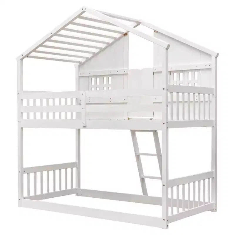 Lit mezzanine cabane de taille double, lit mezzanine cabane en bois avec échelle et barrières de sécurité pour enfants