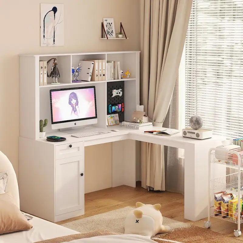 Bureau d'angle avec prise, Bureau d'ordinateur avec tiroirs, étagère et huche, Bureau d'angle moderne, Bureau à domicile