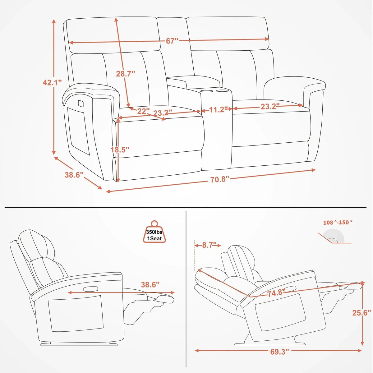 Canapé inclinable électrique MCombo 60,2 po avec massage et double chauffage, appuie-tête réglable, ports USB et Type C, tissu