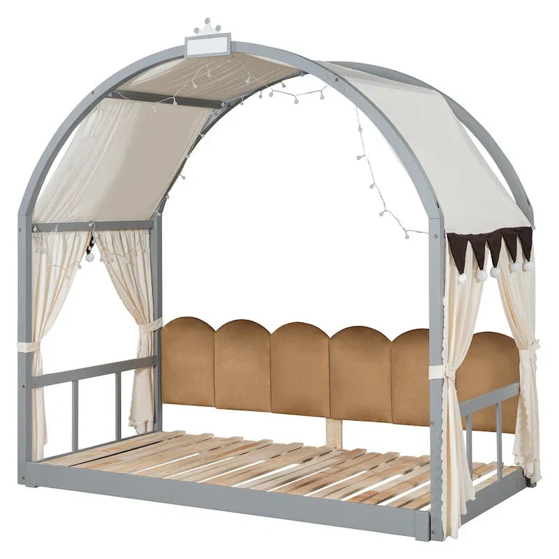 Lit cabane Montessori en bois massif avec plateforme, toit voûté et lit gigogne pour filles et garçons