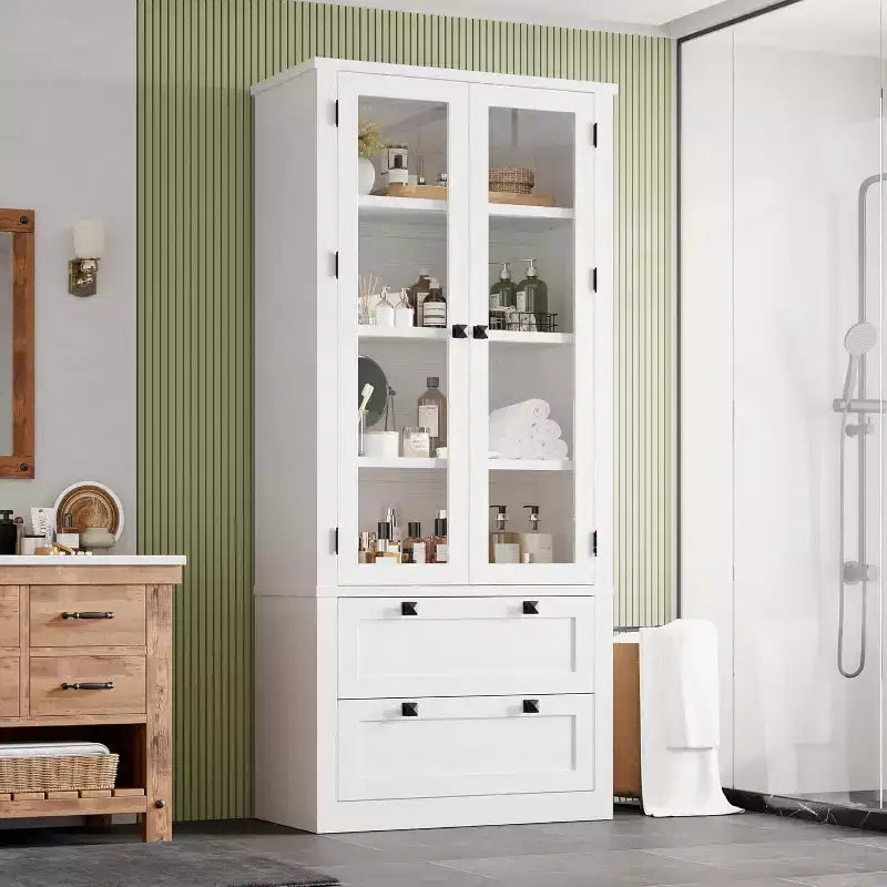 Vaisselier de cuisine de ferme avec portes vitrées, Armoire de rangement de 183 cm avec tiroirs et étagères réglables pour salle à manger, salle de bain, salon