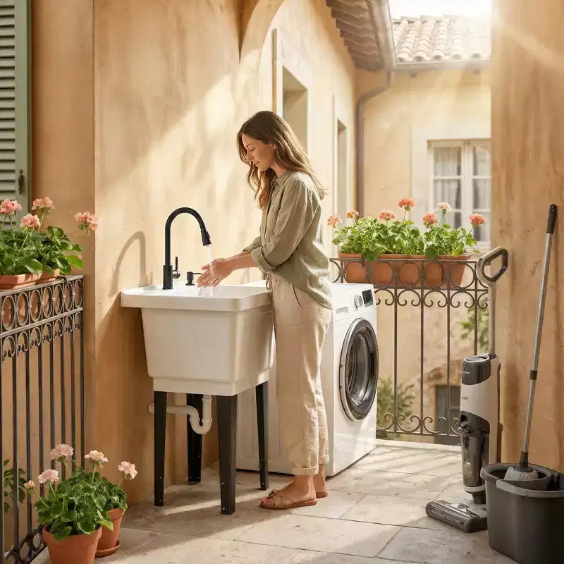 Évier utilitaire portable pour buanderie, bac à laver autoportant avec robinet, distributeur de savon et tuyaux