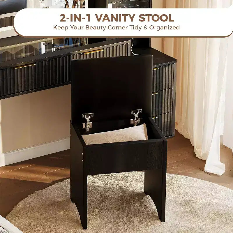 Coiffeuse de maquillage cannelée de 48 pouces avec grand miroir et lumières, coiffeuse de maquillage moderne avec station de charge et tabouret de rangement rembourré pour la maison