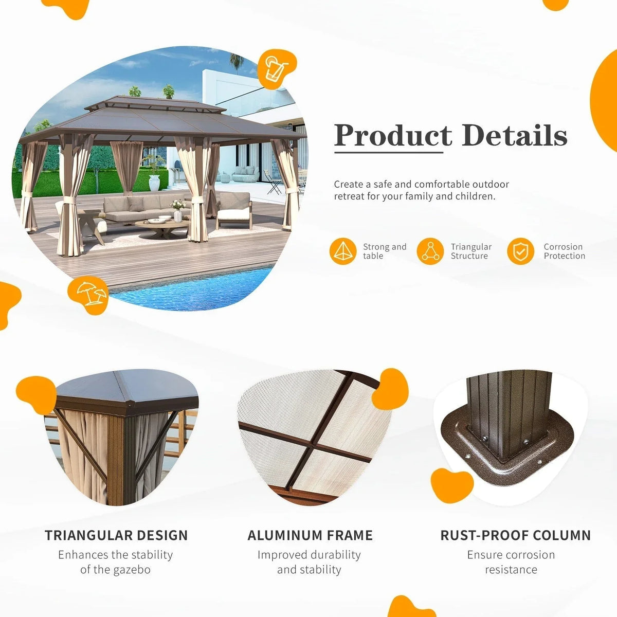 Tonnelle EROMMY à toit rigide, pergola extérieure avec double toit, moustiquaire et rideaux, auvent robuste pour patio, jardin, fête au bord de la piscine