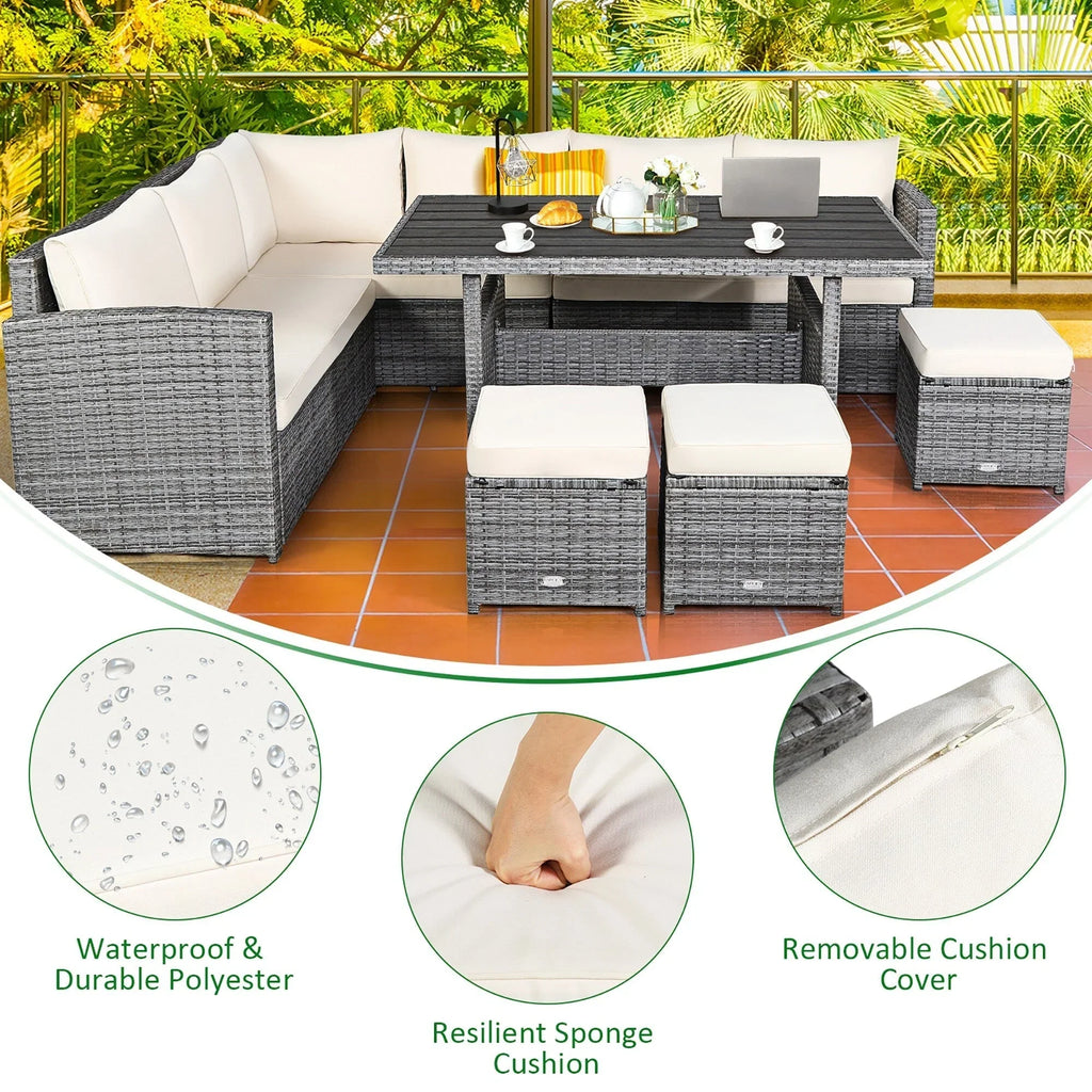 Ensemble de salle à manger Costway 7 pièces en rotin pour terrasse, canapé sectionnel et pouf - Voir détails