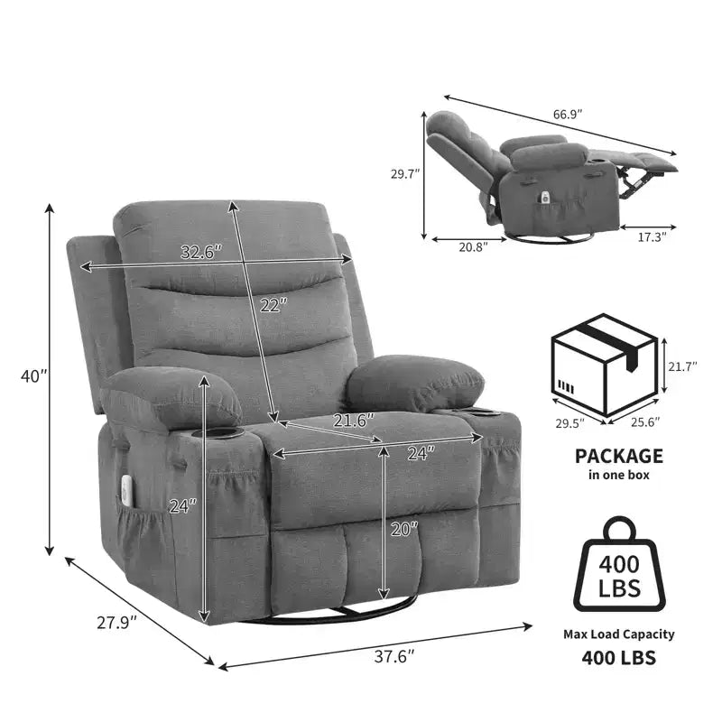 Fauteuil Inclinable Pivotant avec Massage et Chaleur, Fauteuil à Bascule 360° avec Porte-Gobelets et Poches Latérales, Canapé Ergonomique pour Salon, Camping-car, Chambre de Bébé