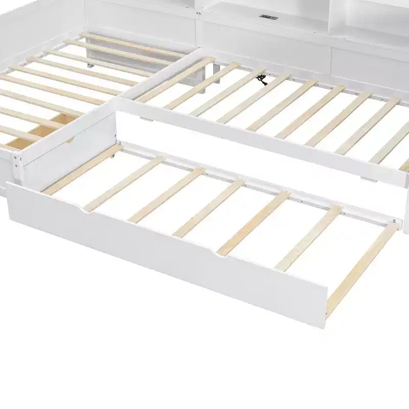 Lit plateforme en L de taille double avec lit gigogne et station de recharge, cadre de lit en bois avec étagère