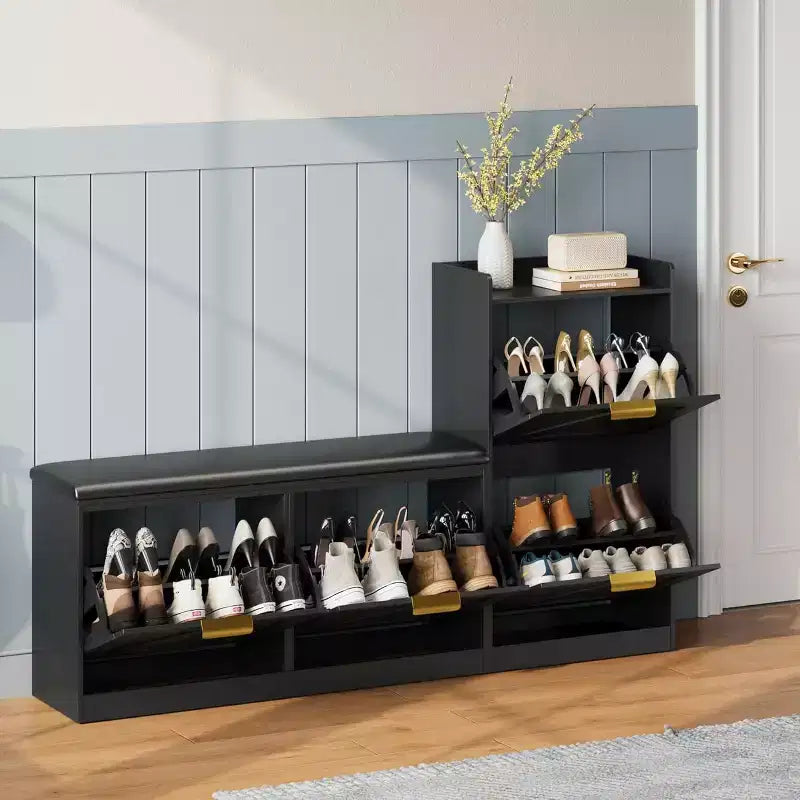 Meuble à chaussures avec banc et 4 tiroirs basculants – Organisateur d'entrée étroit pour 35 à 40 paires