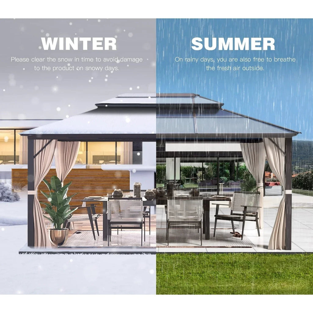 Tonnelle EROMMY à toit rigide, pergola extérieure avec double toit, moustiquaire et rideaux, auvent robuste pour patio, jardin, fête au bord de la piscine