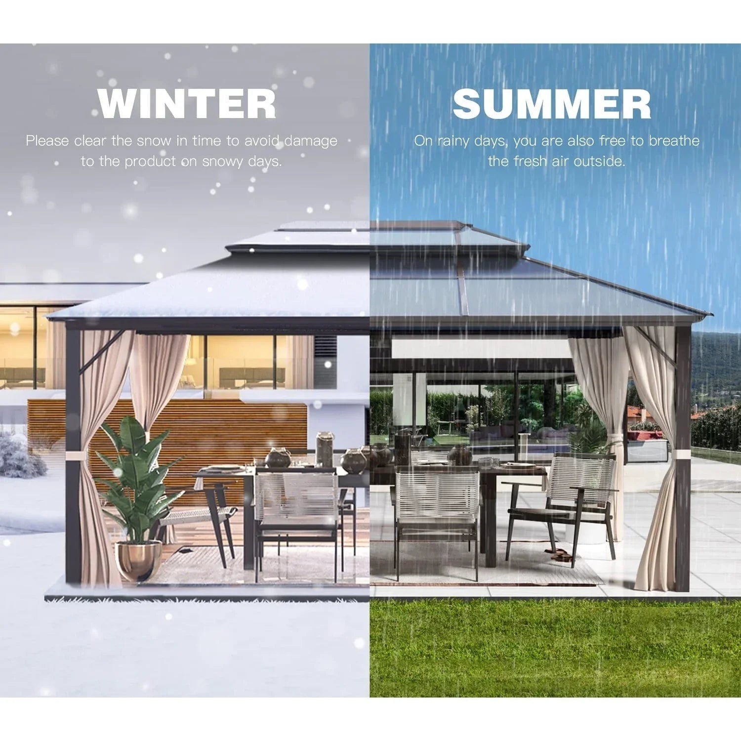 Tonnelle EROMMY à toit rigide, pergola extérieure avec double toit, moustiquaire et rideaux, auvent robuste pour patio, jardin, fête au bord de la piscine