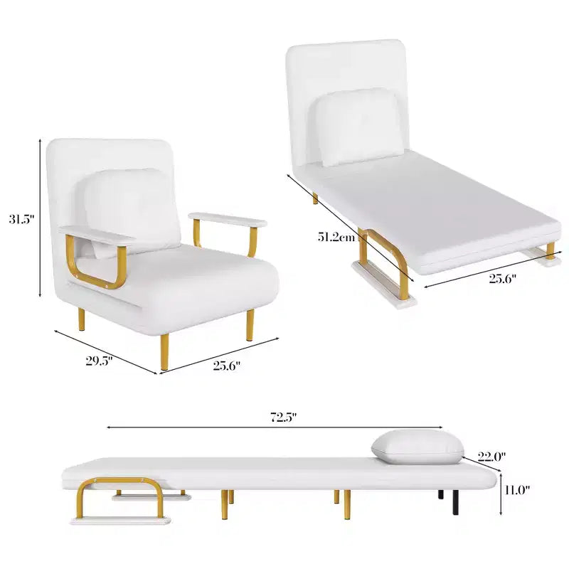 Canapé-lit pliant 3-en-1 convertible en fauteuil - Dossier réglable sur 5 positions avec oreiller, lit d'appoint peu encombrant pour salon, chambre et bureau (Blanc)