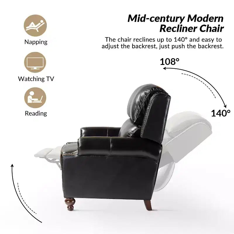 Ensemble de 2 fauteuils inclinables modernes en cuir véritable Elisabete avec garniture cloutée vintage pour salon et chambre à coucher | ART OF LIVING DESIGNS
