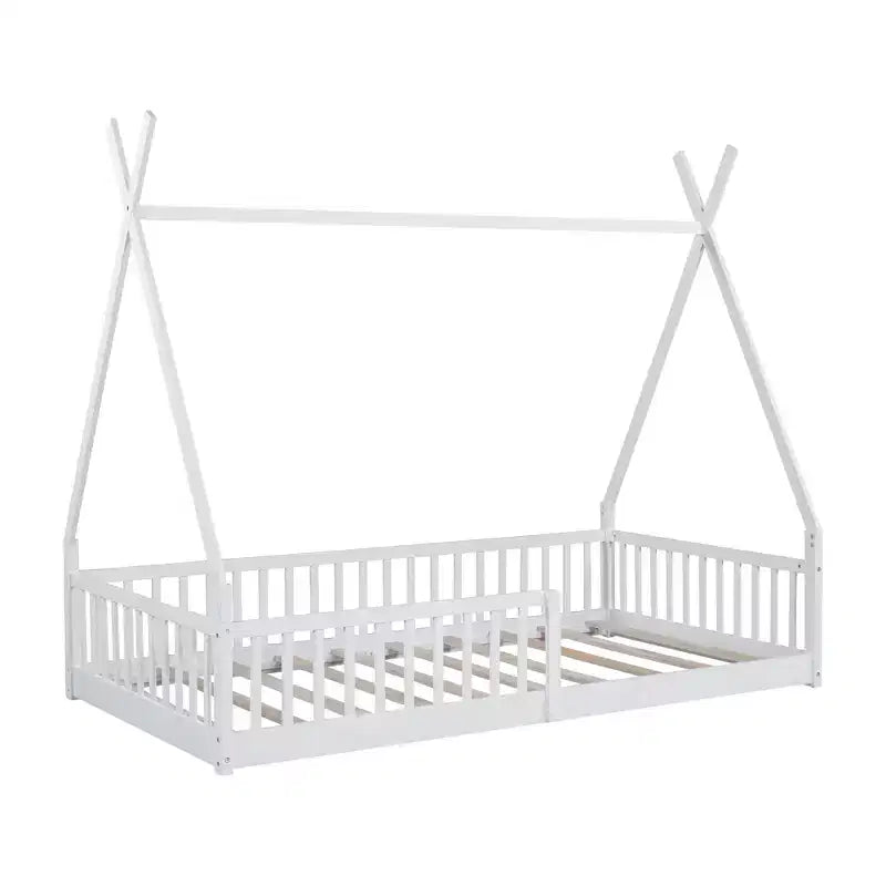 Lit de sol pour enfants, lits cabane doubles, lit de sol Montessori avec lattes et barrières de protection, cadre de lit cabane en bois pour garçons et filles