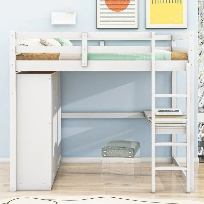 Lit mezzanine en bois pleine grandeur avec armoire intégrée, bureau, étagères de rangement et tiroirs
