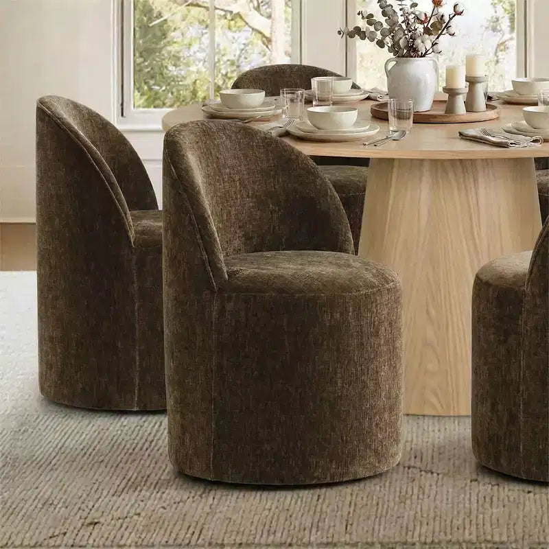 Ensemble de salle à manger moderne pour 6 personnes, table à manger ronde avec pied central, chaises de salle à manger pivotantes à roulettes, tissu chenille texturé - Panipeachy