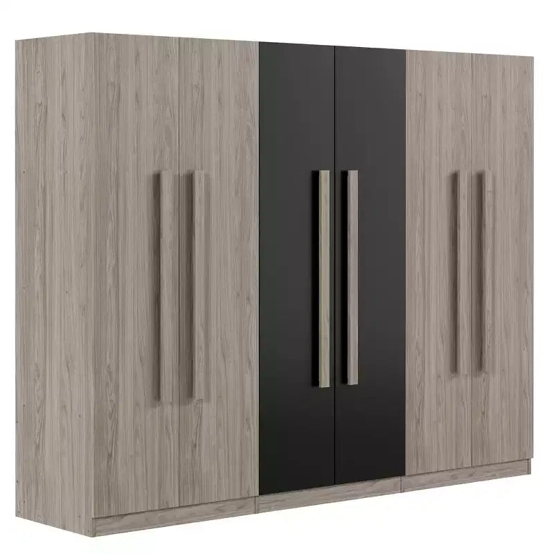 83W Armoire 6 Portes, Rangement de Vêtements avec 2 Tiroirs, Tringles et Étagères, Noir+Naturel-ModernLuxe