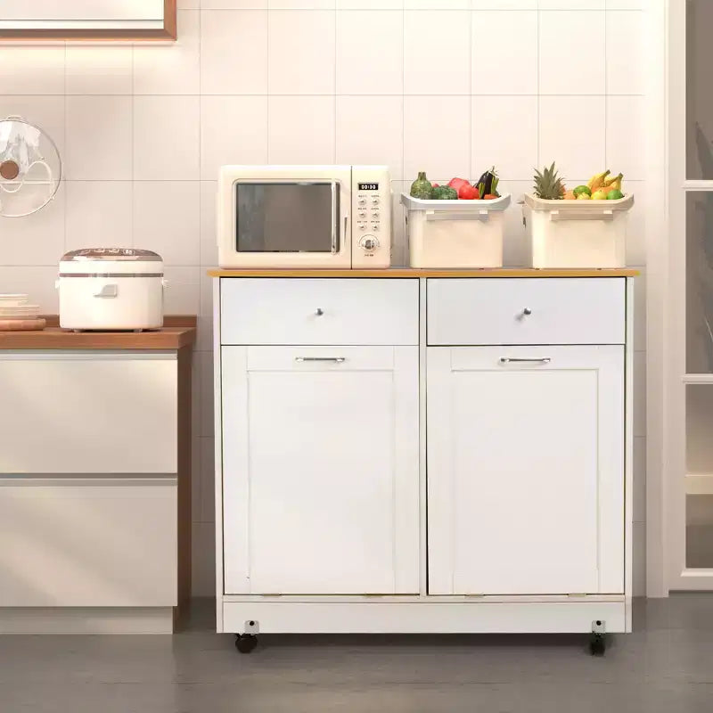 Meuble de cuisine EROMMY à double inclinaison avec 2 tiroirs, meuble poubelle avec rangement sur roulettes, blanc