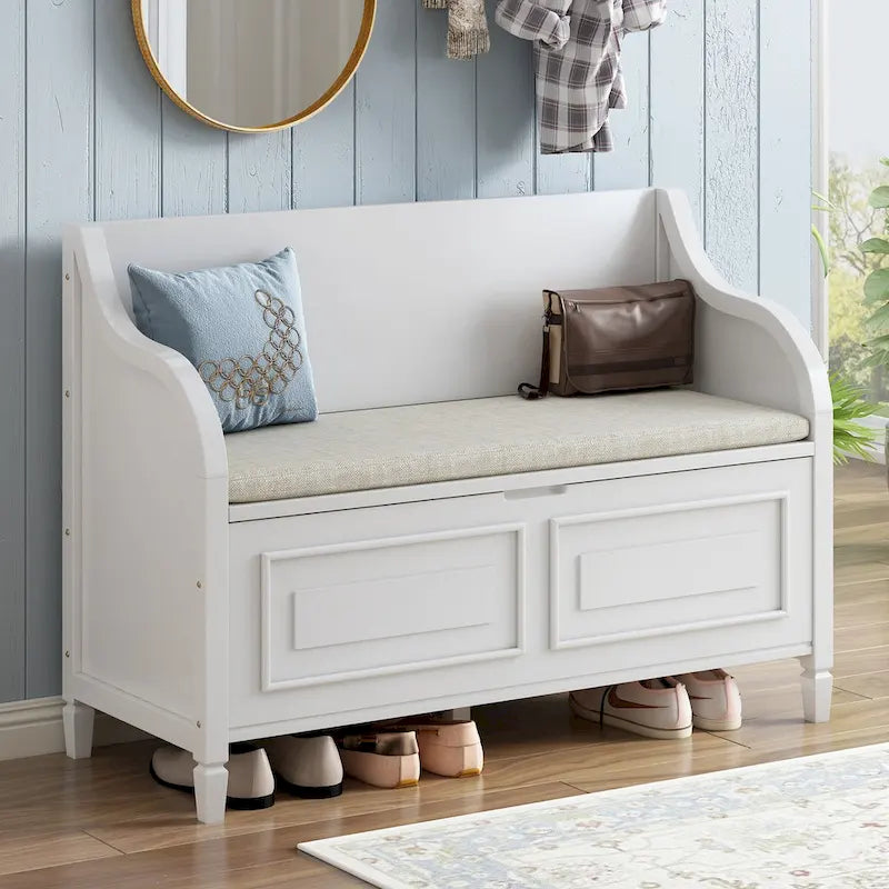 Banc de rangement rustique en bois massif pour entrée avec charnière de sécurité