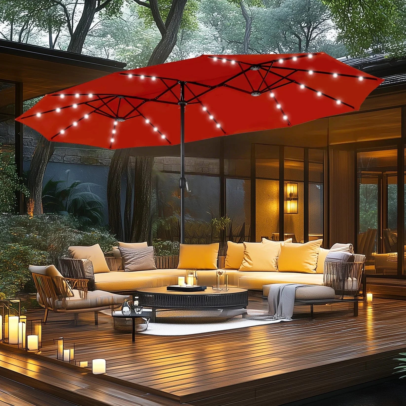 MAISON ARTS Parasol excentré rectangulaire de 4,5 m avec manivelle, parasol de marché double face d'extérieur avec lumières LED solaires et base incluse