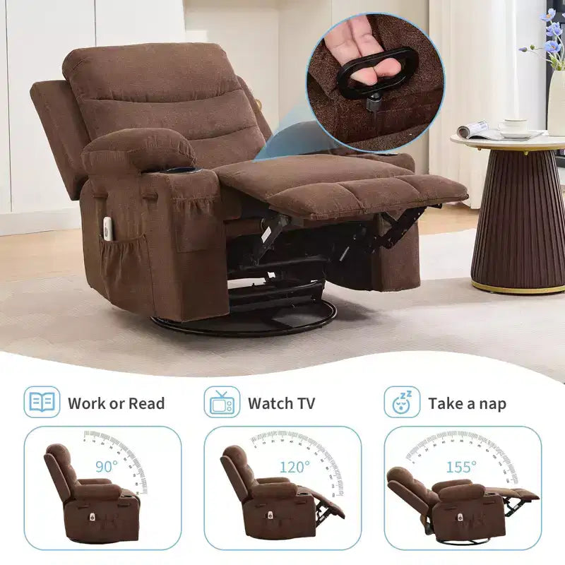 Fauteuil inclinable surdimensionné 360 pivotant et berçant avec massage et chaleur - Fauteuil de salon ergonomique avec porte-gobelets, poches latérales pour salon, chambre de bébé