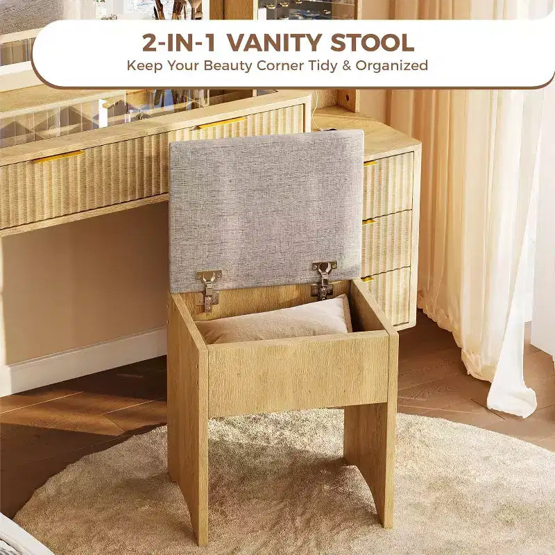 Coiffeuse de maquillage cannelée de 48 pouces avec grand miroir et lumières, coiffeuse de maquillage moderne avec station de charge et tabouret de rangement rembourré pour la maison