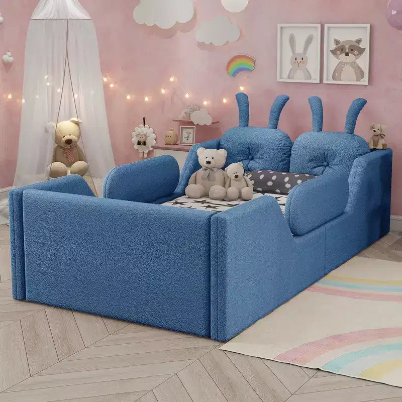 Lit plateforme double Whisen, cadre de lit rembourré pour enfants avec coussin lapin, barrières latérales amovibles