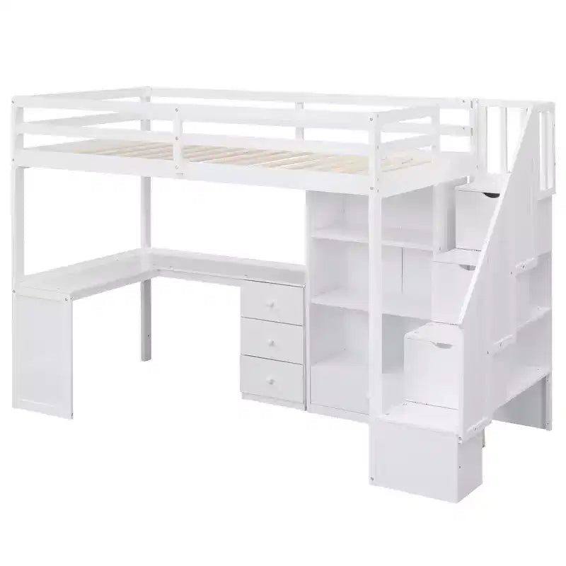 Lit mezzanine une place avec bureau en L, 3 tiroirs, placard, rangements intégrés dans l'escalier, en pin massif/MDF