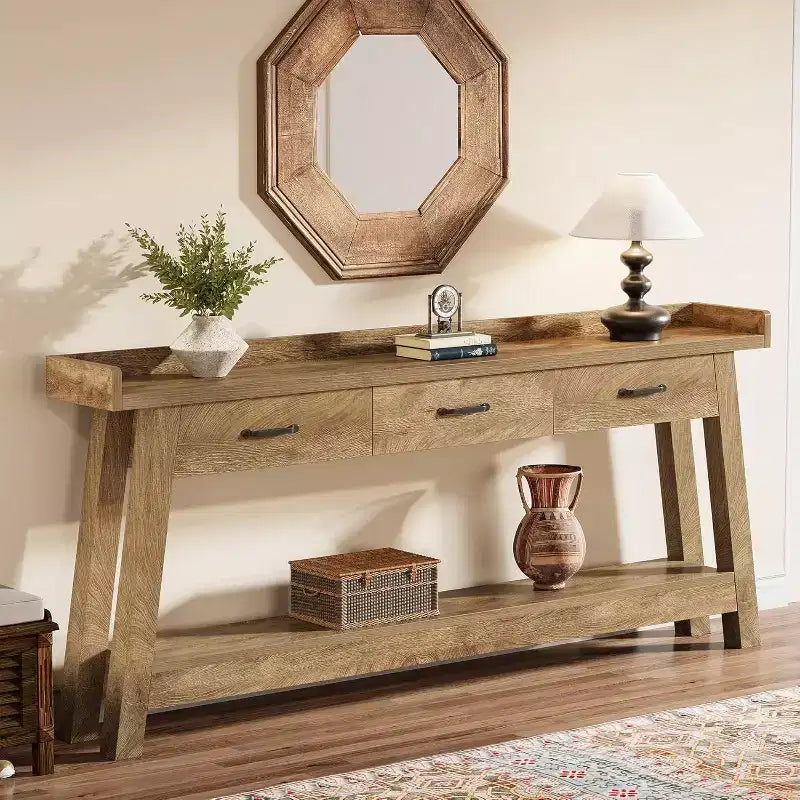 Table de canapé à 2 niveaux Lantine avec 3 tiroirs, console de 180 cm avec chicane surélevée et étagères de rangement pour salon, couloir, entrée