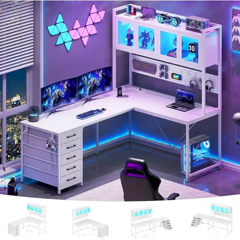 Bureau Gamer en L, Bureau d'Ordinateur avec Panneau Perforé, 5 Tiroirs et Étagère de Rangement