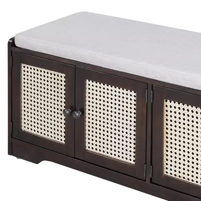 Banc de rangement rustique en bois Whisen, banc à chaussures d'entrée avec coussin amovible, étagères réglables