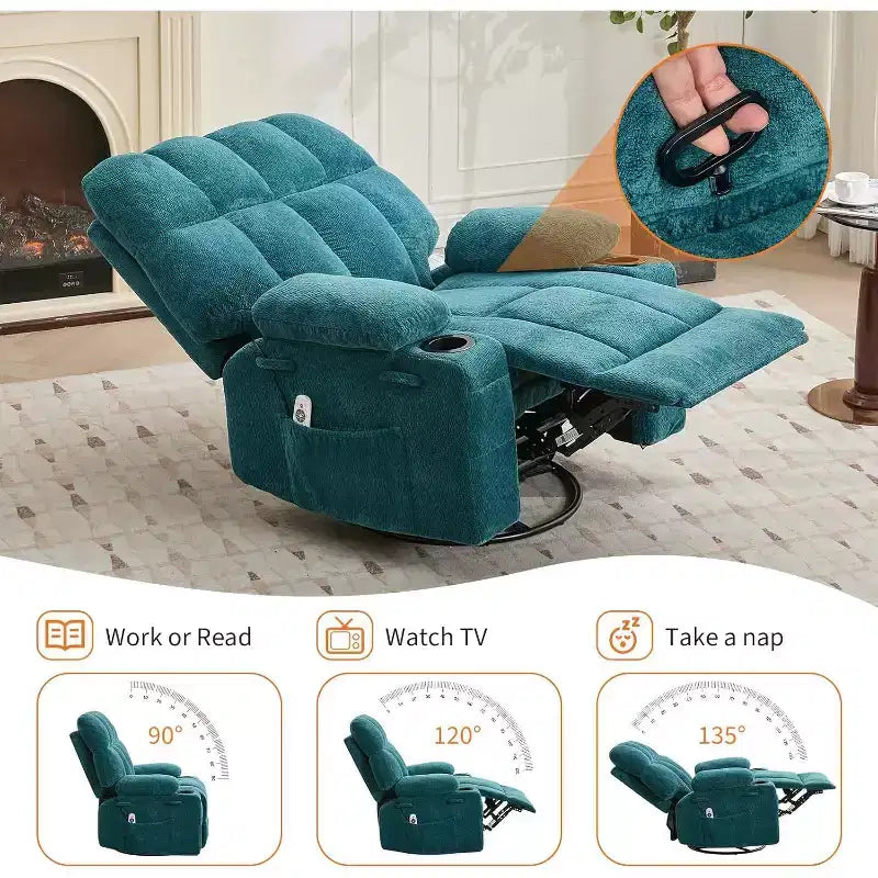 Fauteuil inclinable surdimensionné pour adultes, canapé berçant pivotant manuel, poches latérales et porte-gobelets pour personnes fortes et de grande taille, salon