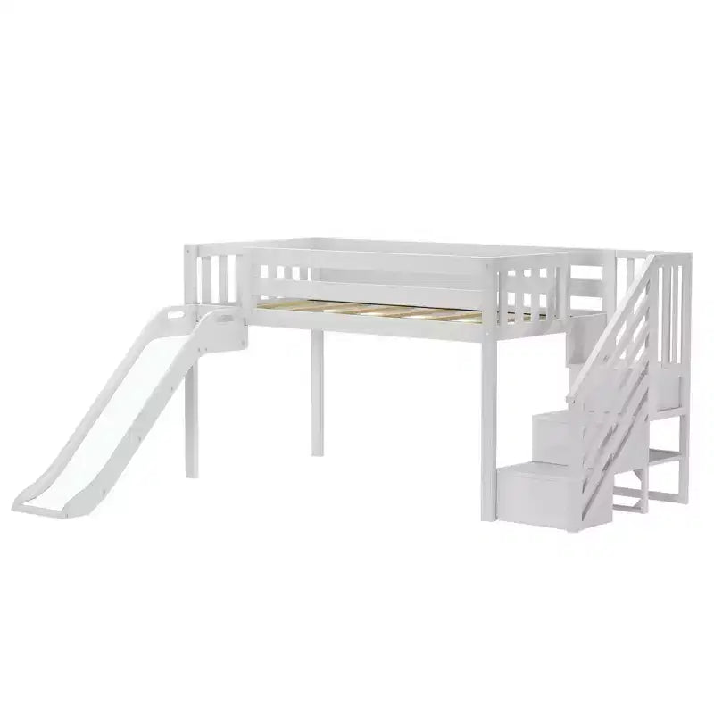 Lit bas mezzanine simple pour enfants avec toboggan et escalier, bois massif, 14 barrières de sécurité, capacité de 180 kg