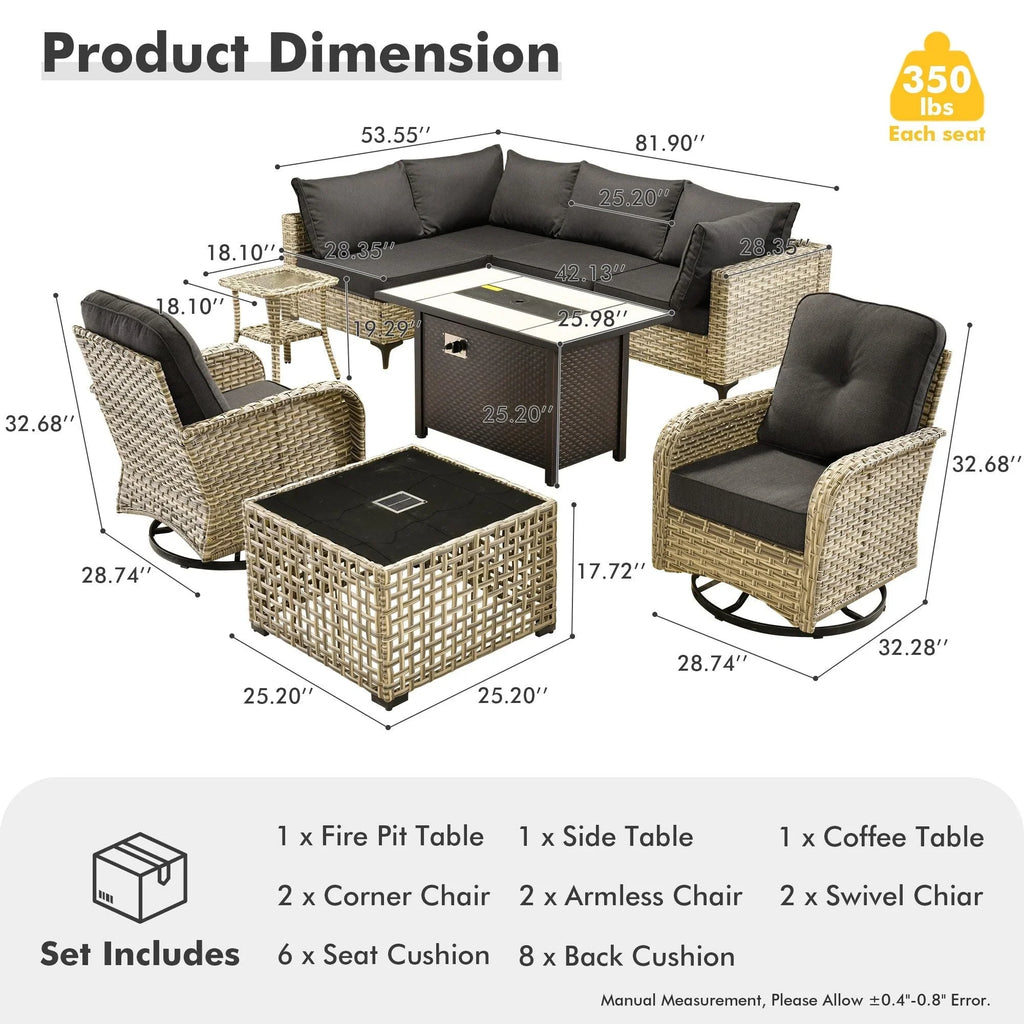 Ensemble de 9 chaises pivotantes en osier d'extérieur OVIOS avec table brasero