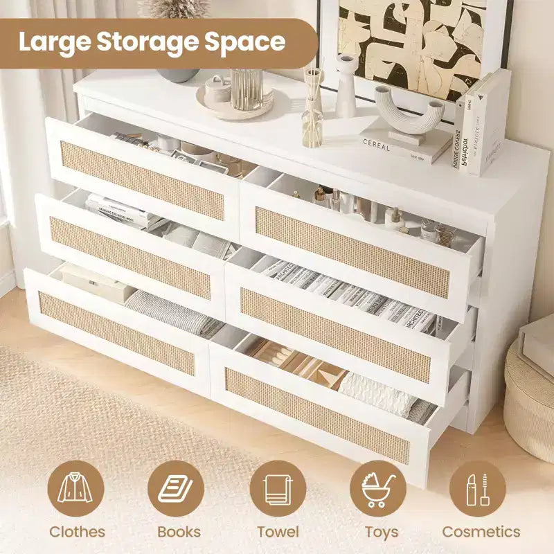 Commode en rotin pour chambre à coucher avec 6 tiroirs, 47 commode large moderne de style ferme, armoire de rangement en bois pour placard, salon, couloir