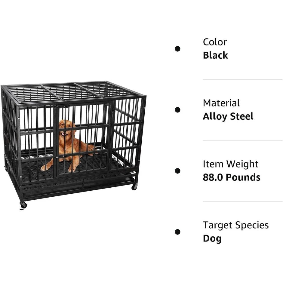 BOSSIN Cage pour Chien Robuste Indestructible 48/38 Pouces, Niche Anti-Évasion avec Roues Verrouillables