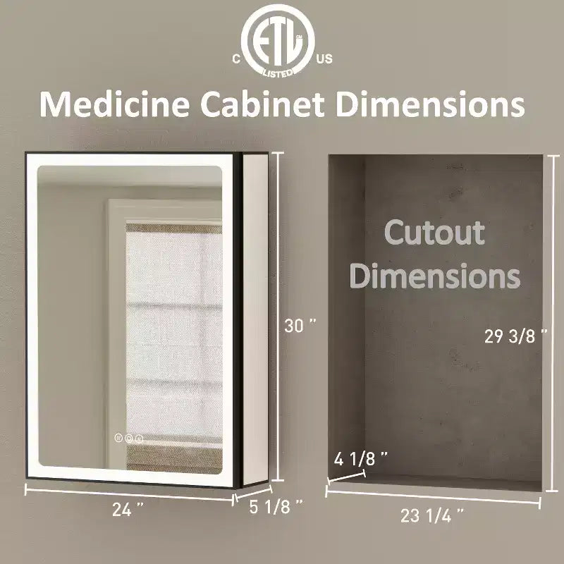 Armoire de toilette avec miroir LED, montage en saillie ou encastré, lumière dimmable, anti-buée, étagères réglables