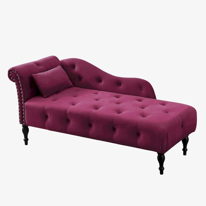 Chaise longue moderne de 154 cm avec revêtement en velours, boutons capitonnés, pieds en bois massif et clous de tapissier
