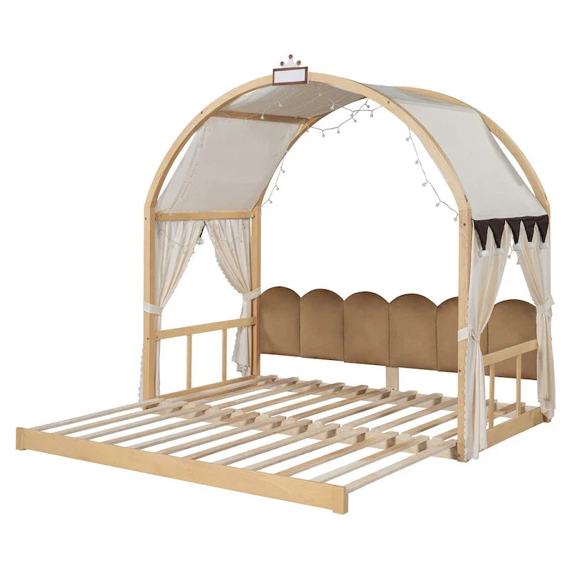 Lit cabane Montessori en bois massif avec plateforme, toit voûté et lit gigogne pour filles et garçons