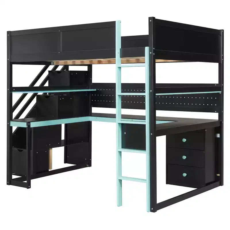 Lit mezzanine GDFStudio Scott en bois avec escalier de rangement, bureau, étagères et panneau perforé