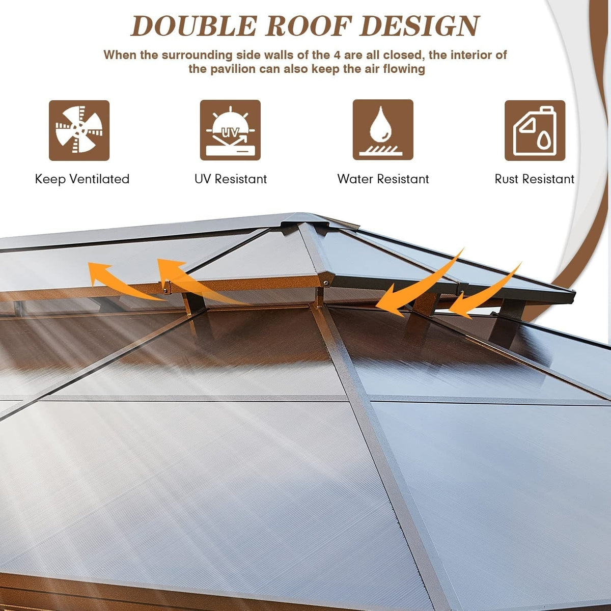 Tonnelle EROMMY à toit rigide, pergola extérieure avec double toit, moustiquaire et rideaux, auvent robuste pour patio, jardin, fête au bord de la piscine