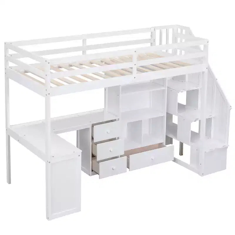 Lit mezzanine une place avec bureau en L, 3 tiroirs, placard, rangements intégrés dans l'escalier, en pin massif/MDF
