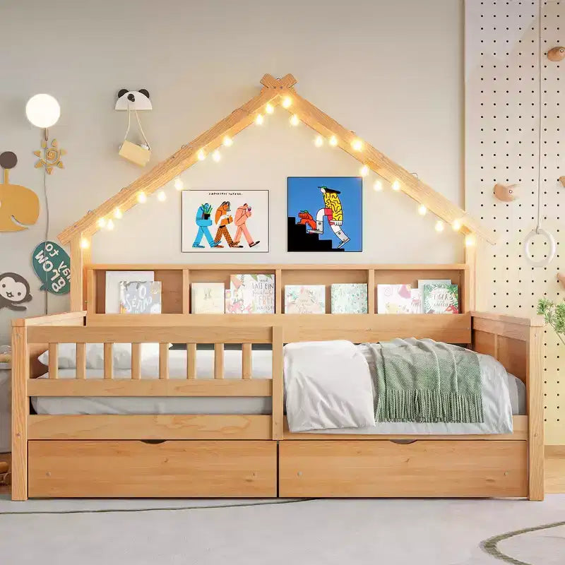 Cadre de lit maison pleine grandeur avec tiroirs, lit plate-forme maison avec lumières LED, étagères de rangement et tiroirs, lit de repos en bois avec toit et garde-corps