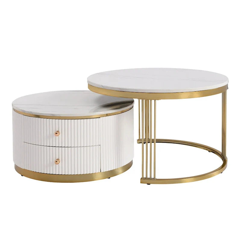 2 tables basses gigognes rondes blanches avec tiroirs