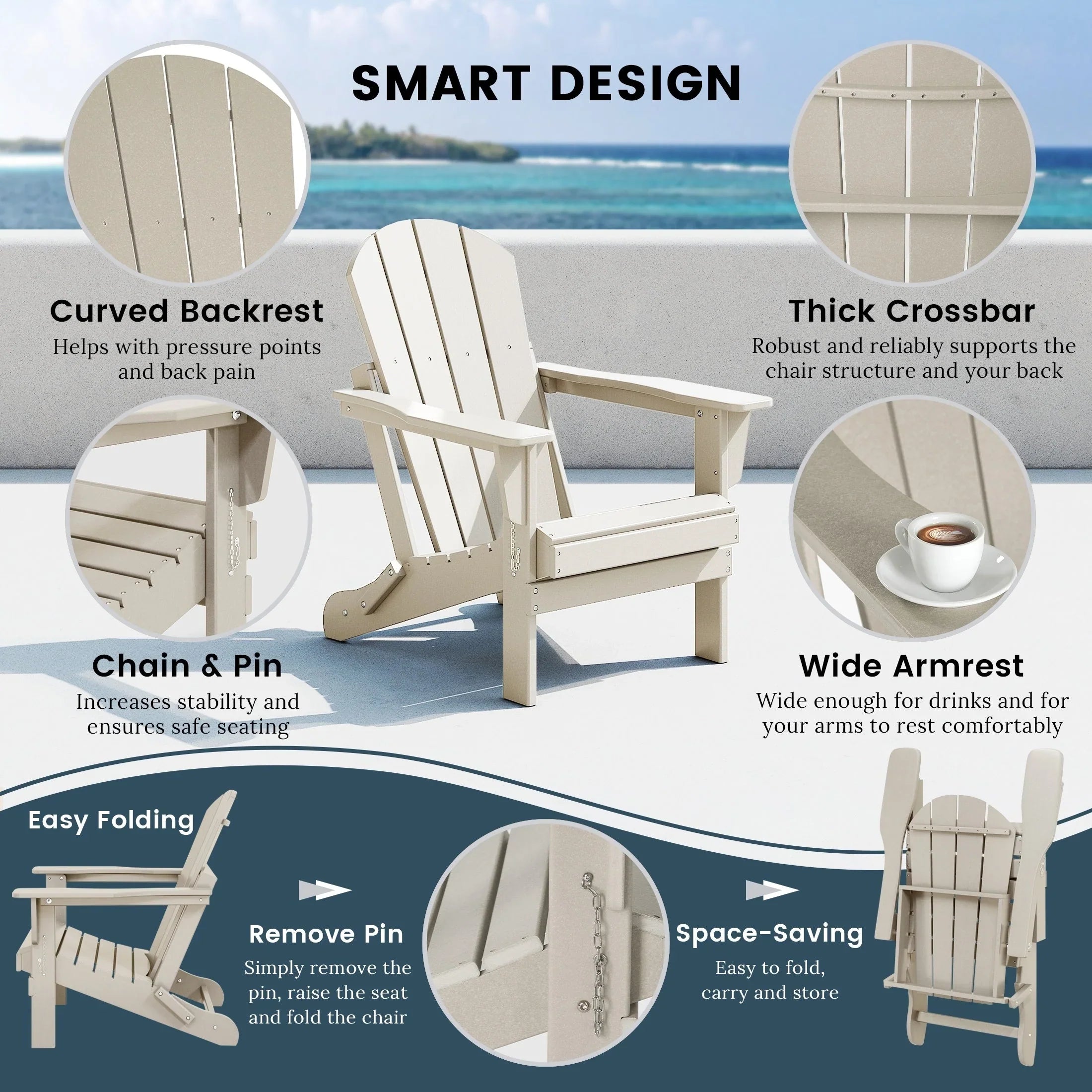 Chaise Adirondack pliante d'extérieur tout temps Polytrends Laguna résistante à la décoloration pour patio