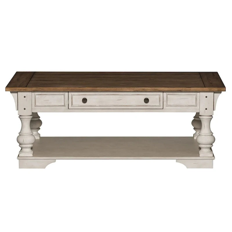 Table basse Morgan Creek blanc antique, avec accents tabac brossé.