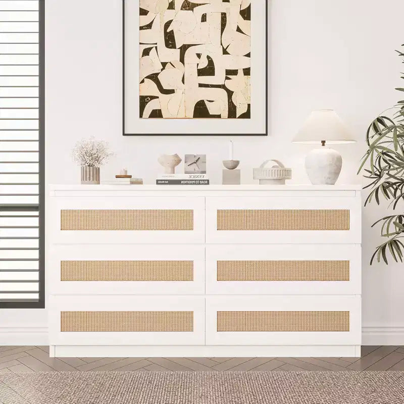 Commode en rotin pour chambre à coucher avec 6 tiroirs, 47 commode large moderne de style ferme, armoire de rangement en bois pour placard, salon, couloir